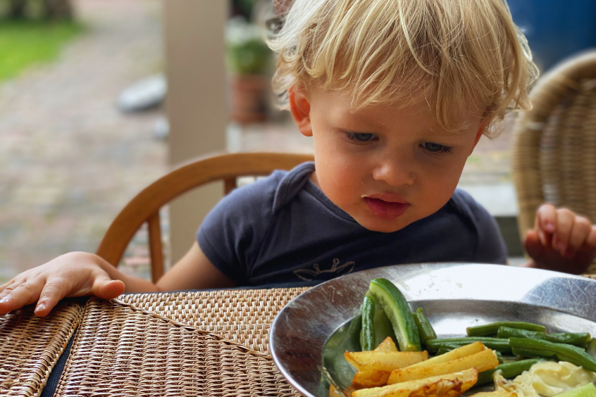 A toddler looking down with a doubtful or unenthusiastic expression at a metal plate of green beans and french fries. 